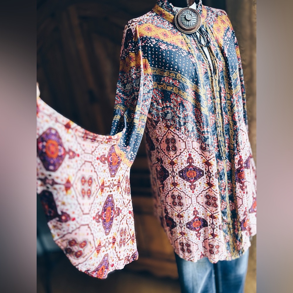 Umgee Boho Paisley Peasant Blouse - Bell Sleeve Tunic / Mini Dress - NWOT